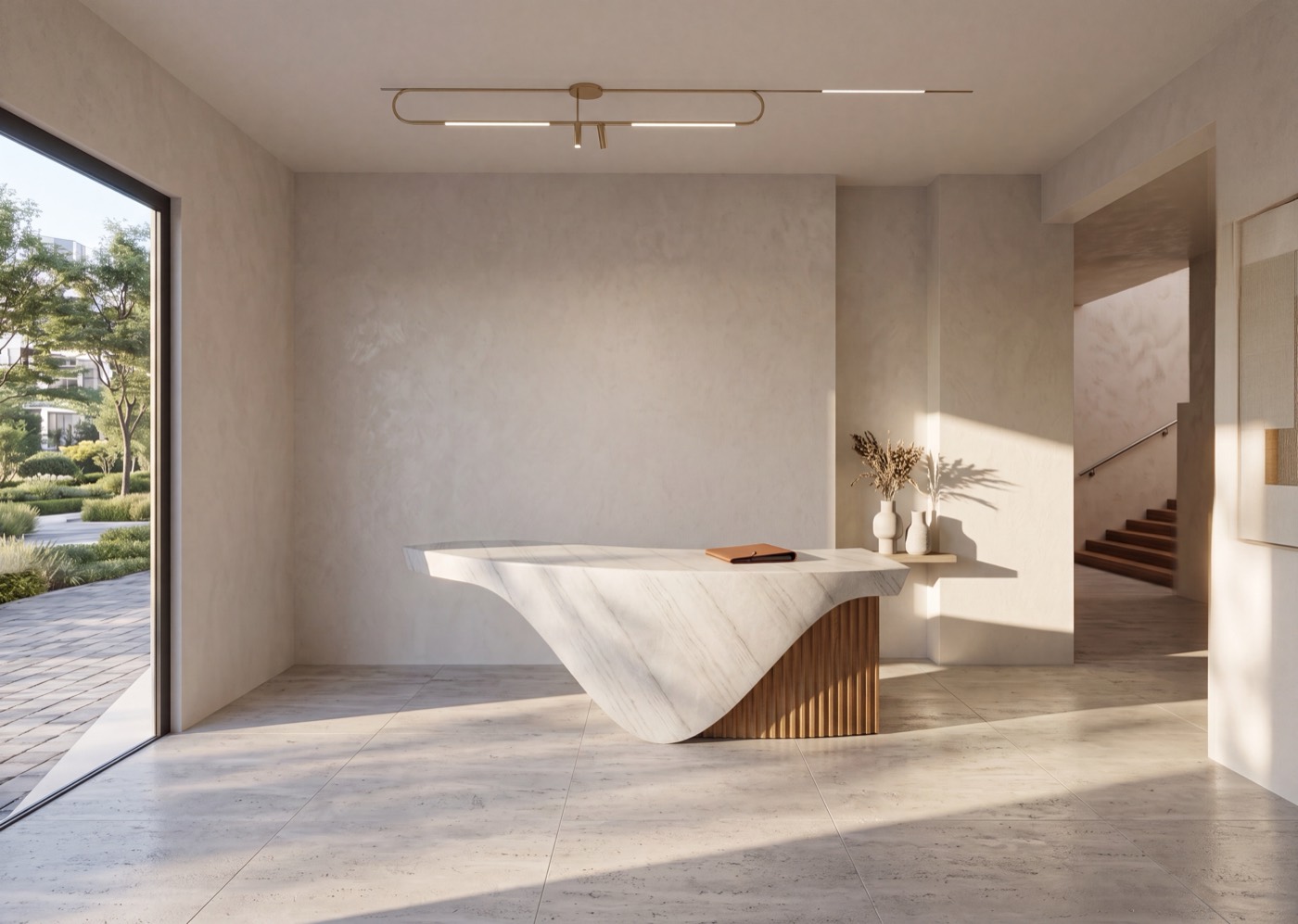 Sculptural lobby — photoreal render with lock analysis